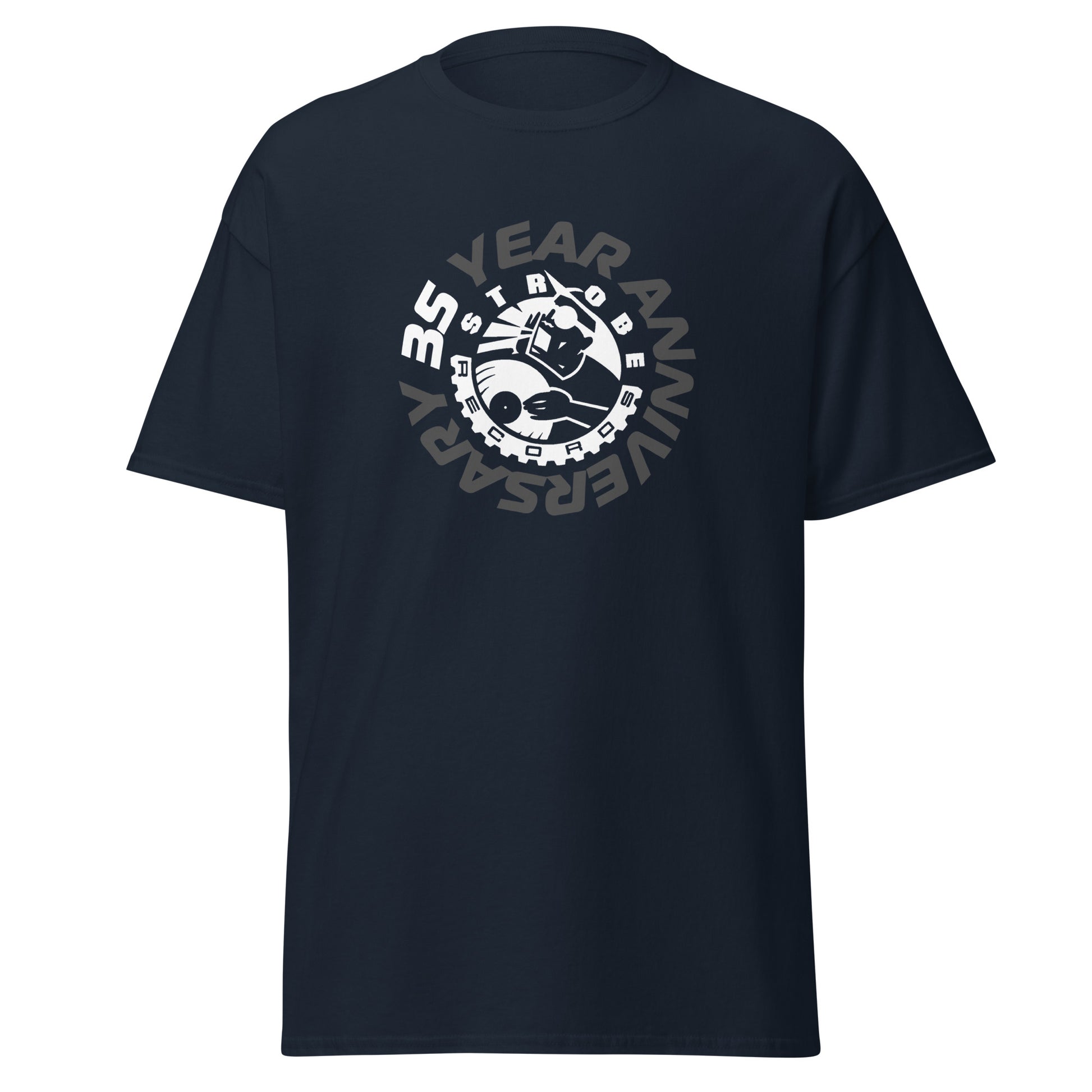 Strobe Records 35th Anniversary Classic T-Shirt in Navy, front view