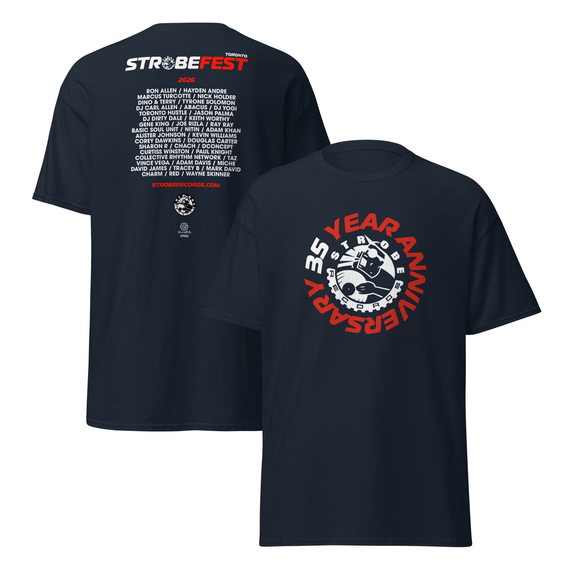 StrobeFest 2026 Event T-Shirt in Navy, front and back view