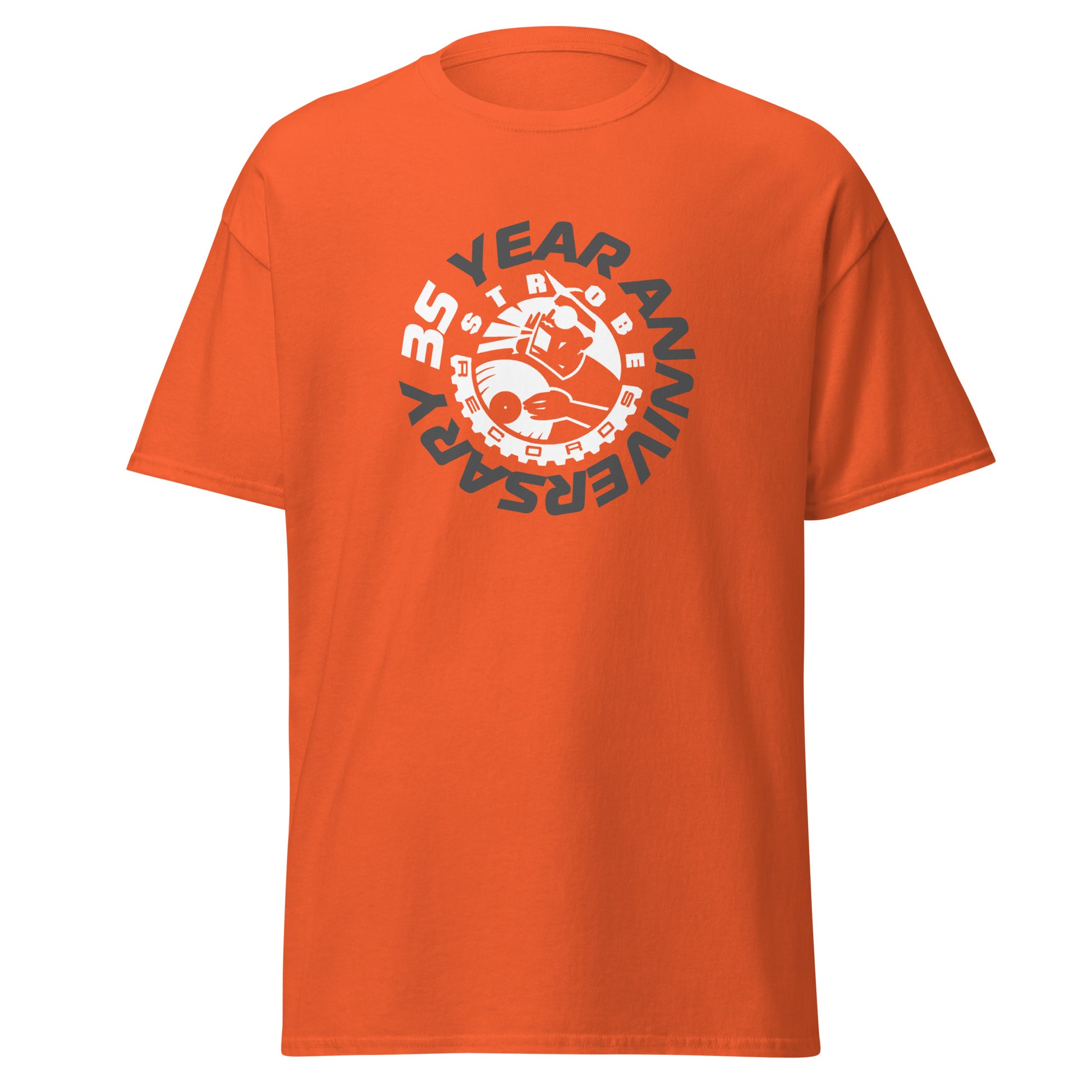 Strobe Records 35th Anniversary Classic T-Shirt in Orange, front view