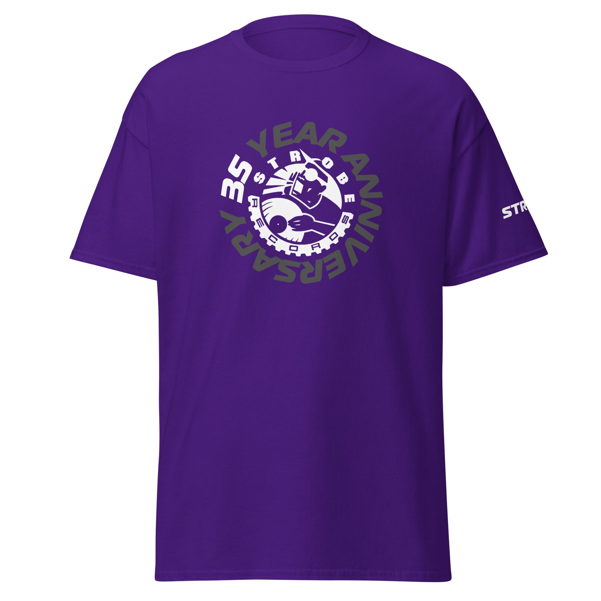 Strobe Records 35th Anniversary Premium T-Shirt in Purple, front view