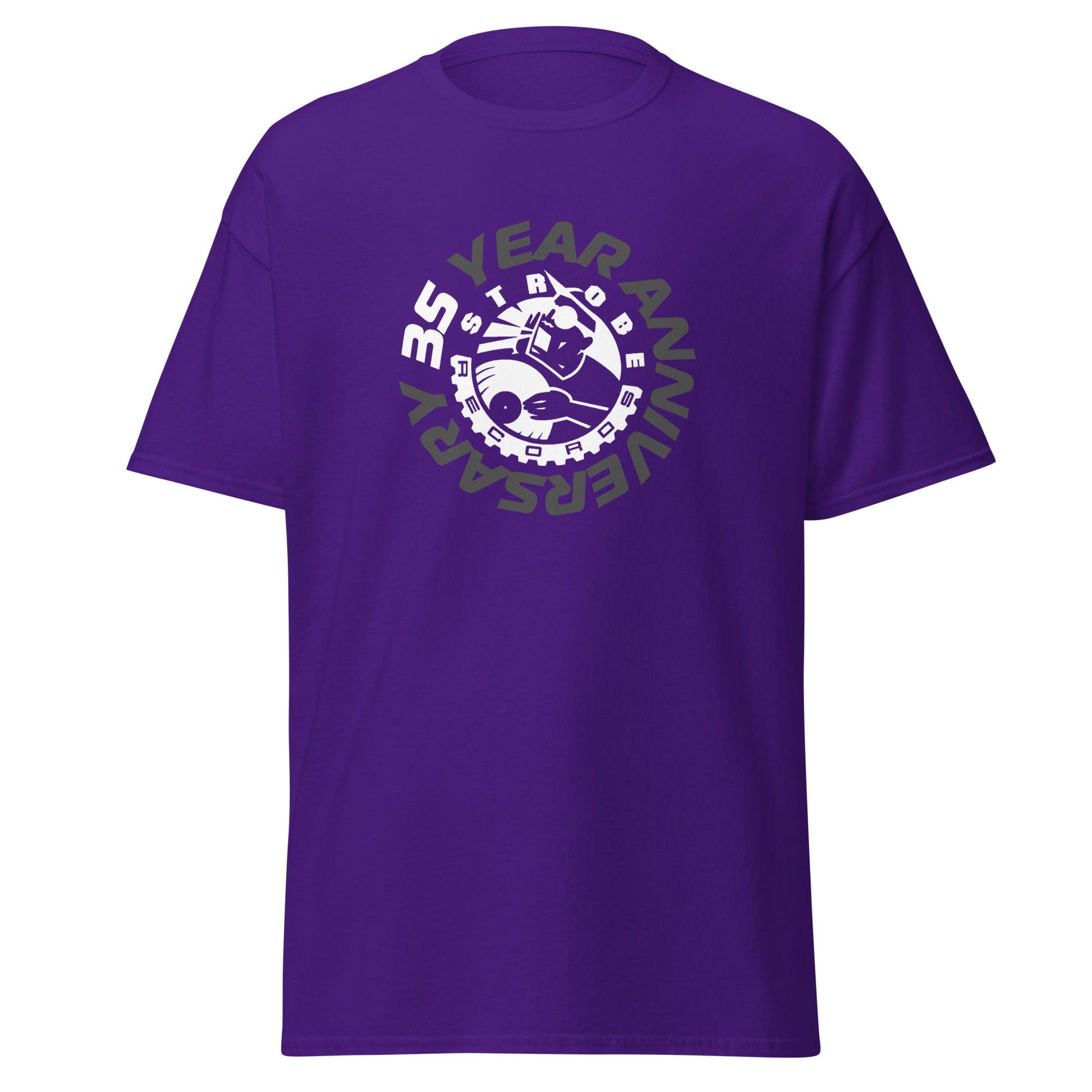 Strobe Records 35th Anniversary Classic T-Shirt in Purple, front view