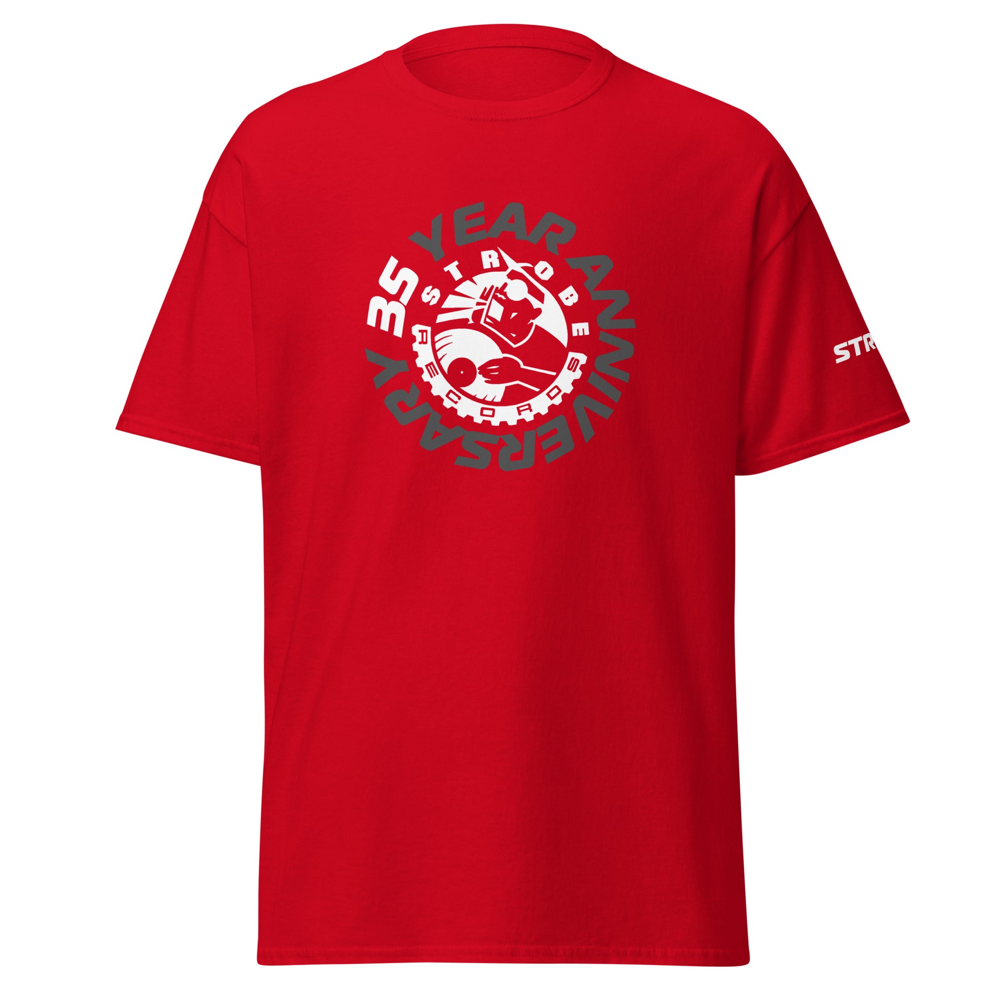 Strobe Records 35th Anniversary Premium T-Shirt in Red, front view