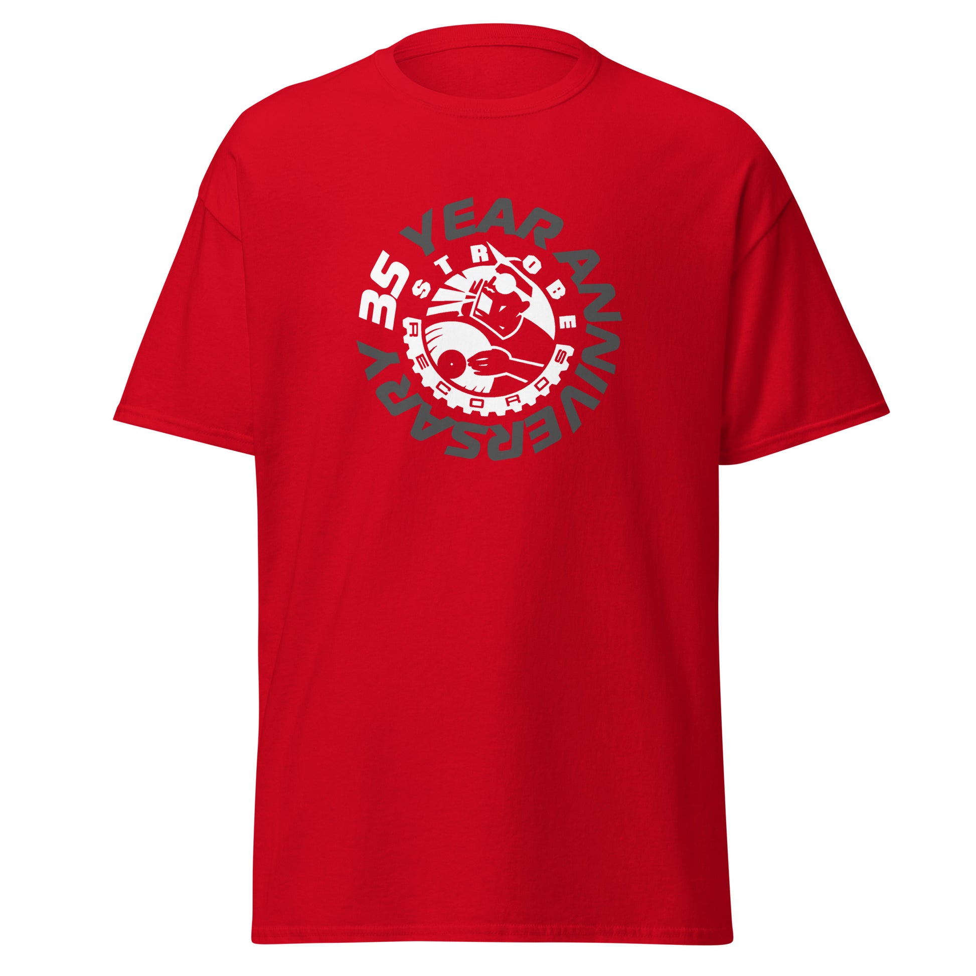 Strobe Records 35th Anniversary Classic T-Shirt in Red, front view