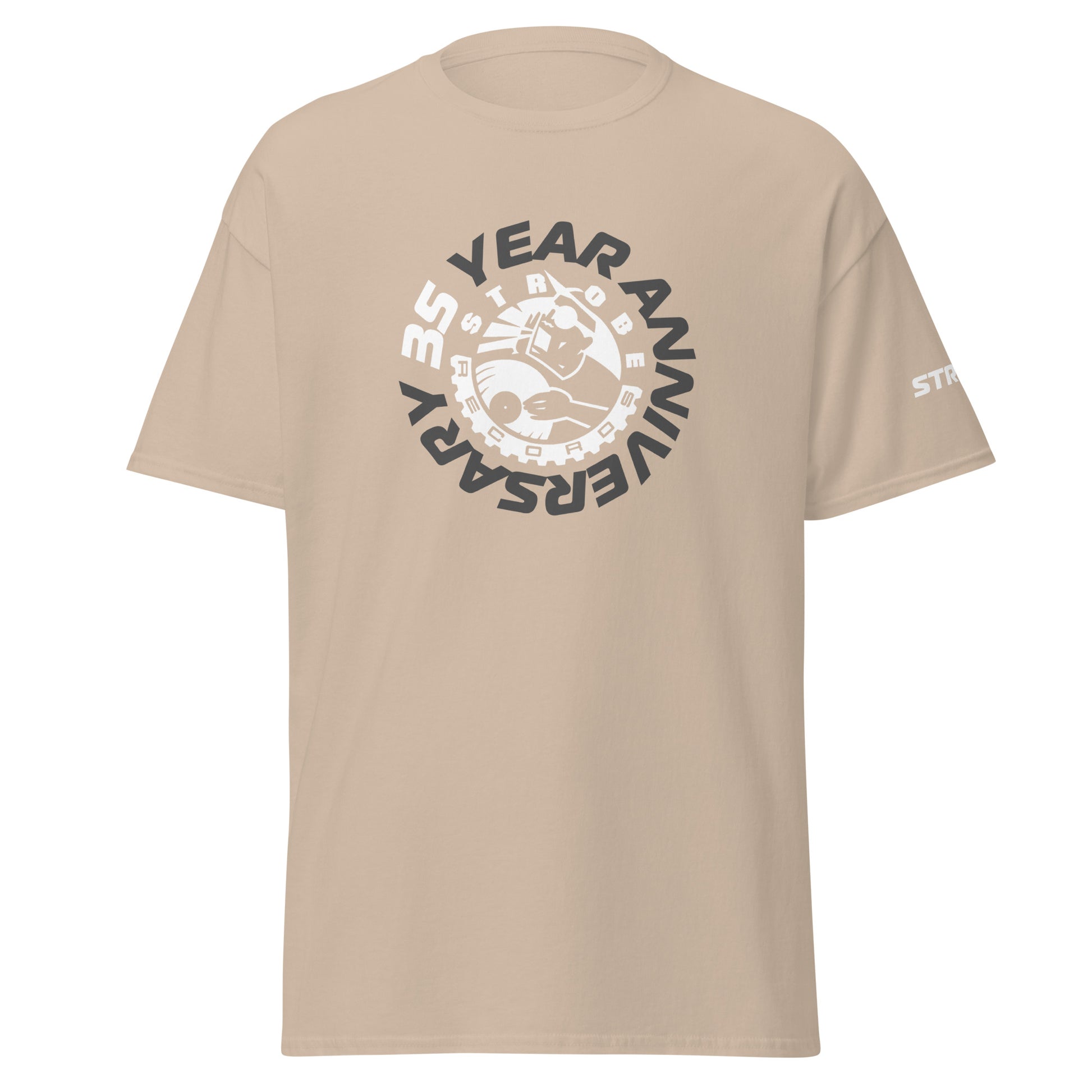 Strobe Records 35th Anniversary Premium T-Shirt in Sand, front view