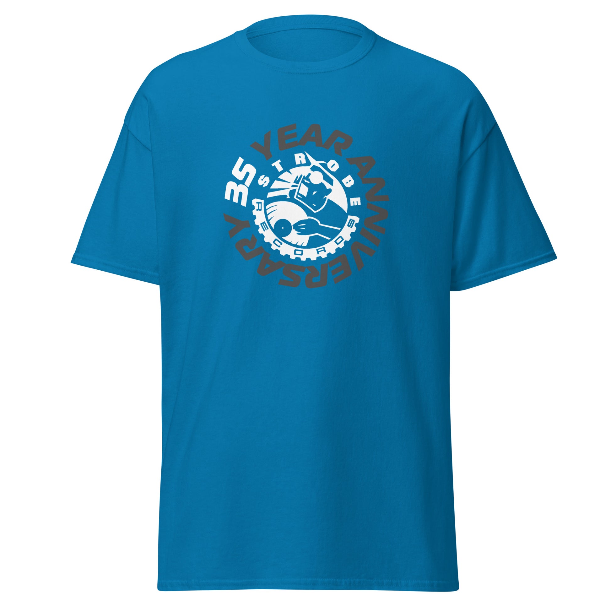 Strobe Records 35th Anniversary Classic T-Shirt in Sapphire, front view