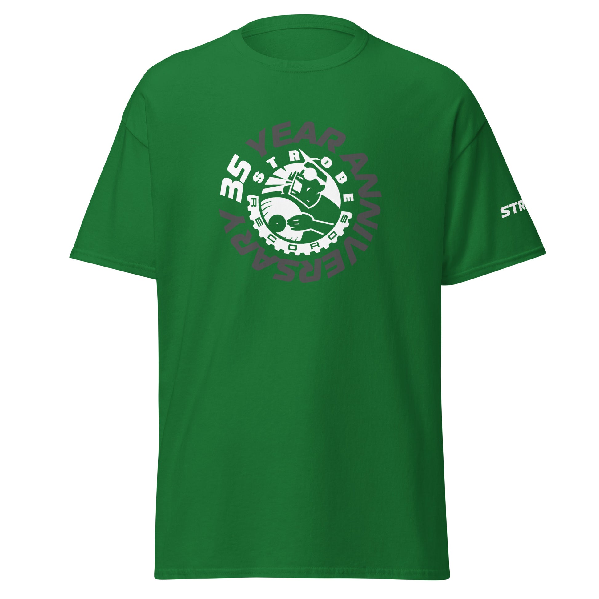 Strobe Records 35th Anniversary Premium T-Shirt in Turf green, front view